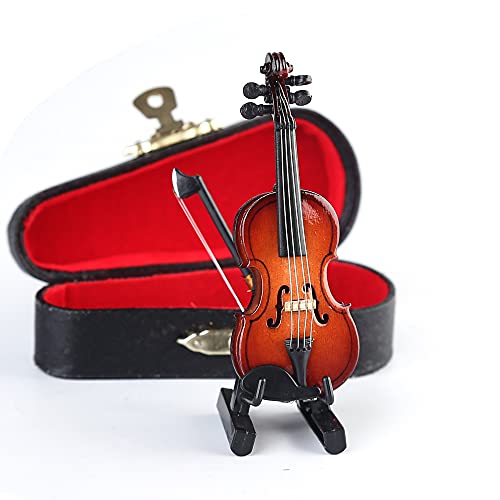 Wooden Miniature Violin with Stand, Bow and Case – 3.15 Inch Collectible Replica for Dollhouse Décor