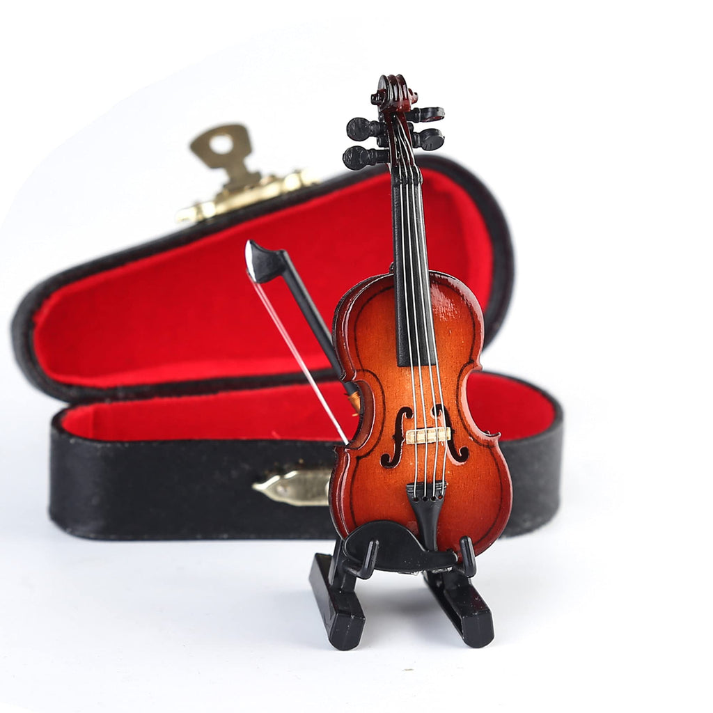 Wooden Miniature Violin with Stand, Bow and Case – 3.15 Inch Collectible Replica for Dollhouse Décor