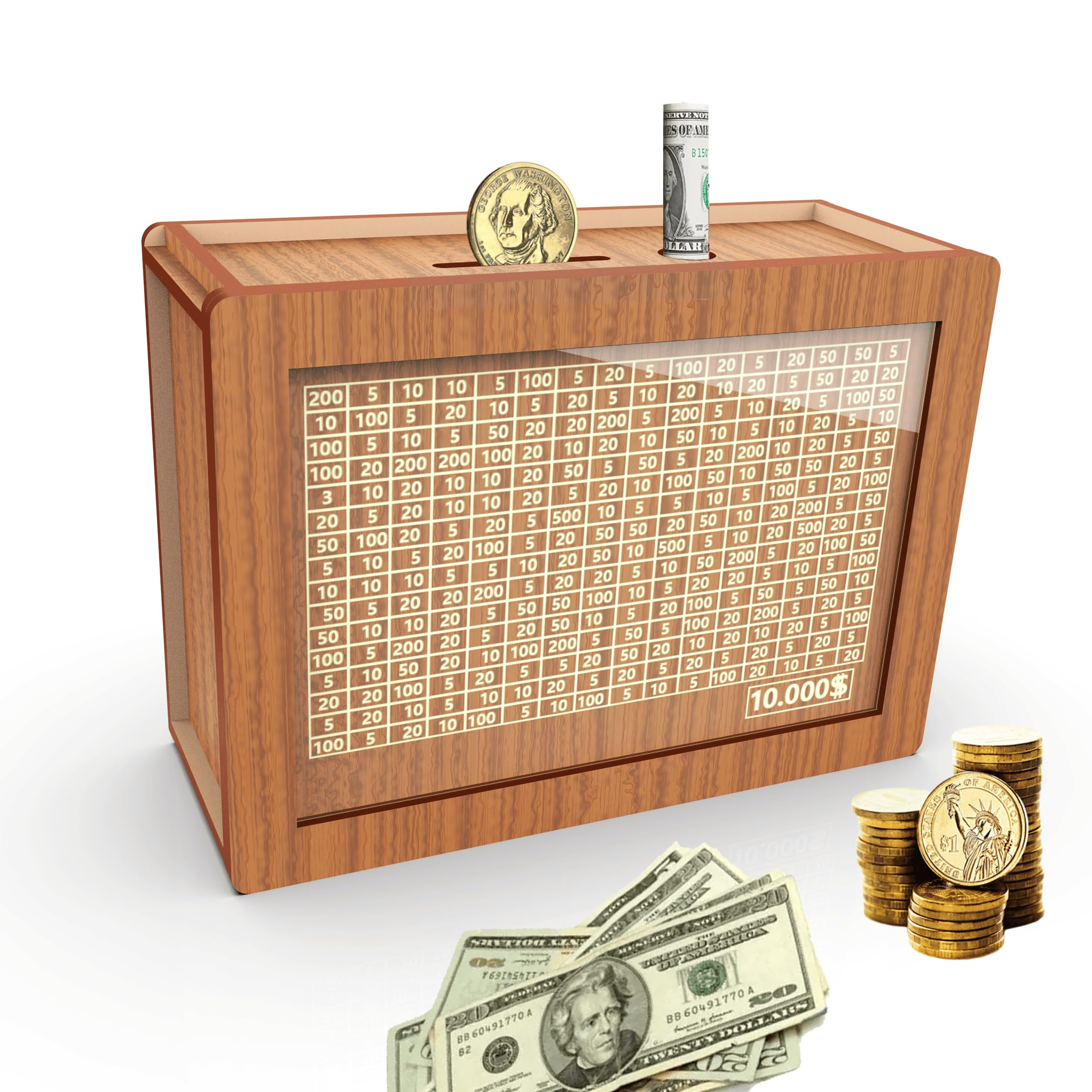 Wooden Money Saving Box with $10000 Savings Challenge – Brown Piggy Bank for Adults and Kids