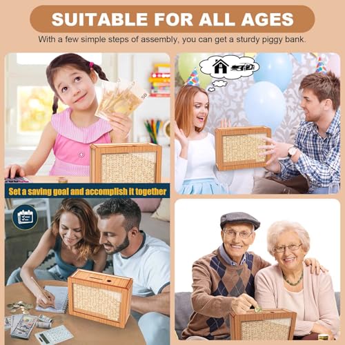 Wooden Money Saving Box with $10000 Savings Challenge – Brown Piggy Bank for Adults and Kids