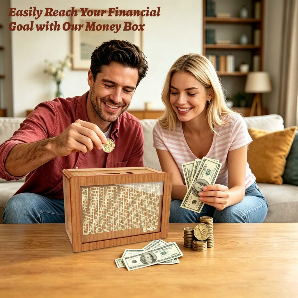 Wooden Money Saving Box with $10000 Savings Challenge – Brown Piggy Bank for Adults and Kids