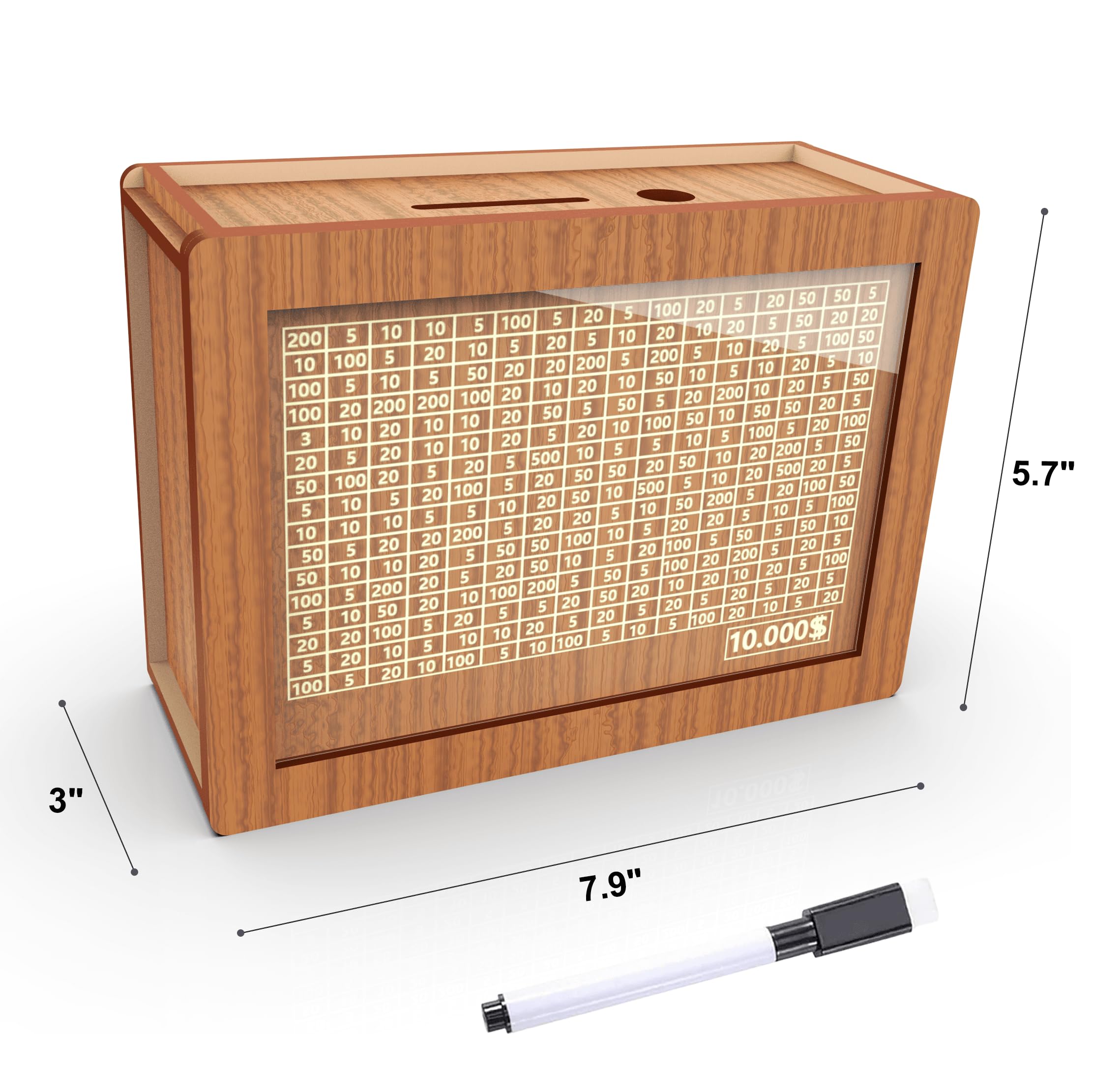 Wooden Money Saving Box with $10000 Savings Challenge – Brown Piggy Bank for Adults and Kids