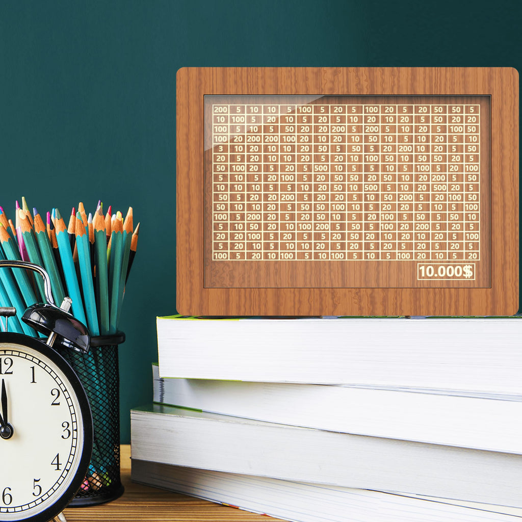 Wooden Money Saving Box with $10000 Savings Challenge – Brown Piggy Bank for Adults and Kids