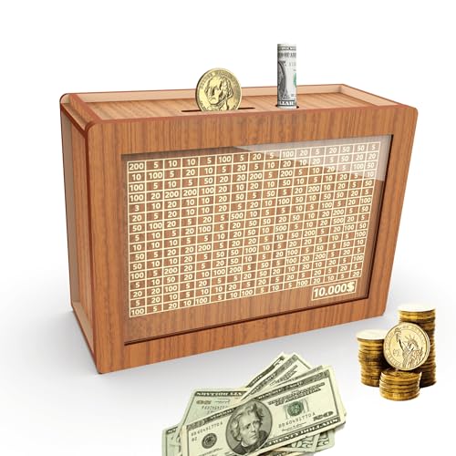 Wooden Money Saving Box with $10000 Savings Challenge – Brown Piggy Bank for Adults and Kids