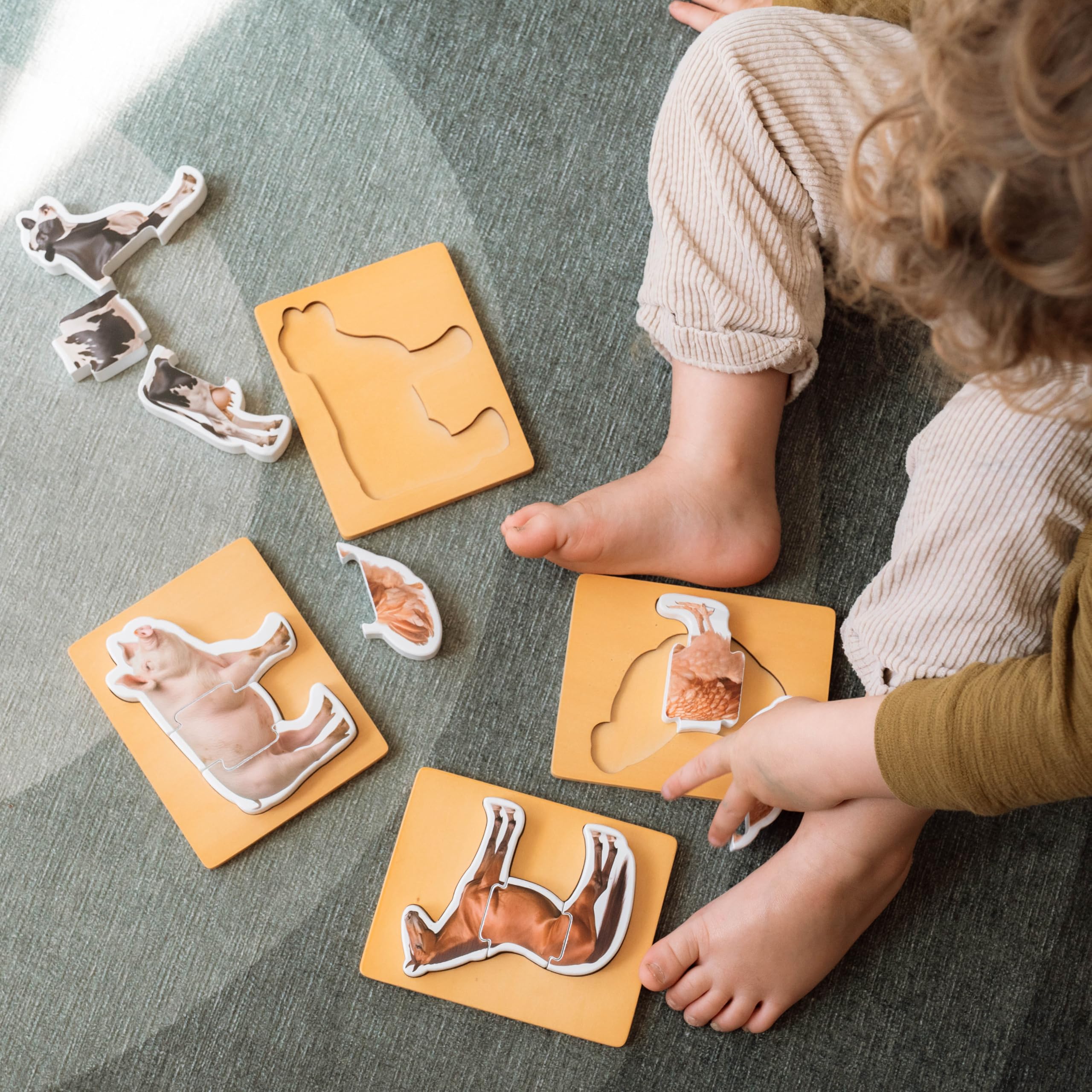 Wooden Montessori Animal Puzzles for Toddlers | Chunky Farm Animal Shape Puzzle Set of 4
