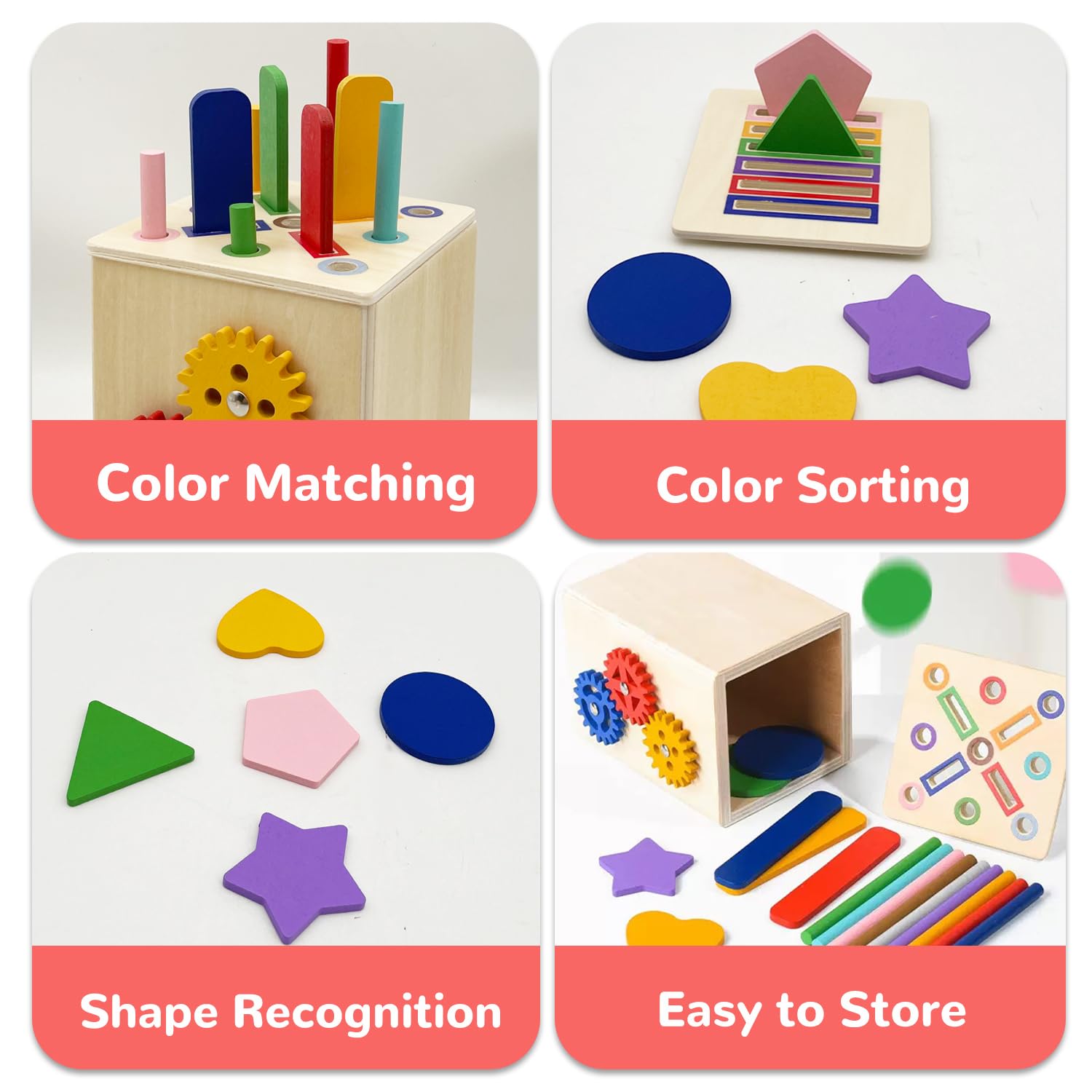 Wooden Montessori Sorting Toy for Toddlers - Color & Shape Matching Game, Fine Motor Skills Development (3-in-1)
