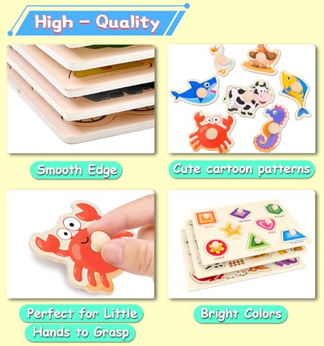 Wooden Peg Puzzles for Toddlers 3-Pack: Shape, Farm & Sea Animals – Montessori Learning Toys by SIERLIKY