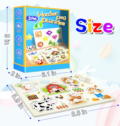 Wooden Peg Puzzles for Toddlers 3-Pack: Shape, Farm & Sea Animals – Montessori Learning Toys by SIERLIKY