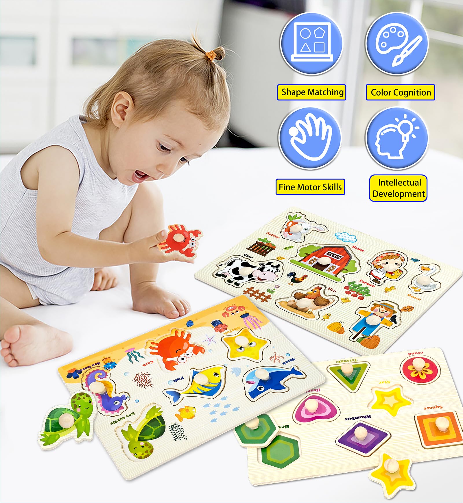 Wooden Peg Puzzles for Toddlers 3-Pack: Shape, Farm & Sea Animals – Montessori Learning Toys by SIERLIKY