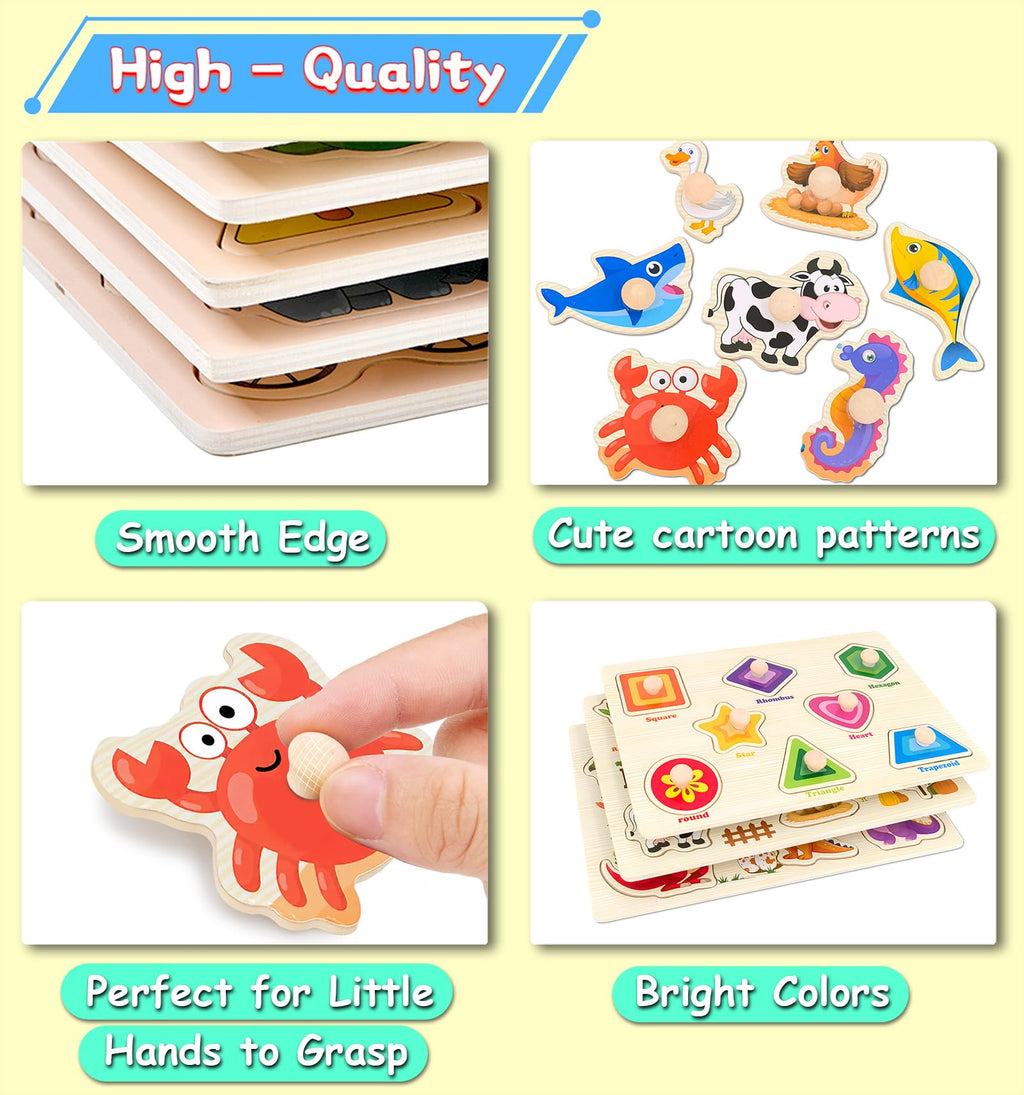 Wooden Peg Puzzles for Toddlers 3-Pack: Shape, Farm & Sea Animals – Montessori Learning Toys by SIERLIKY