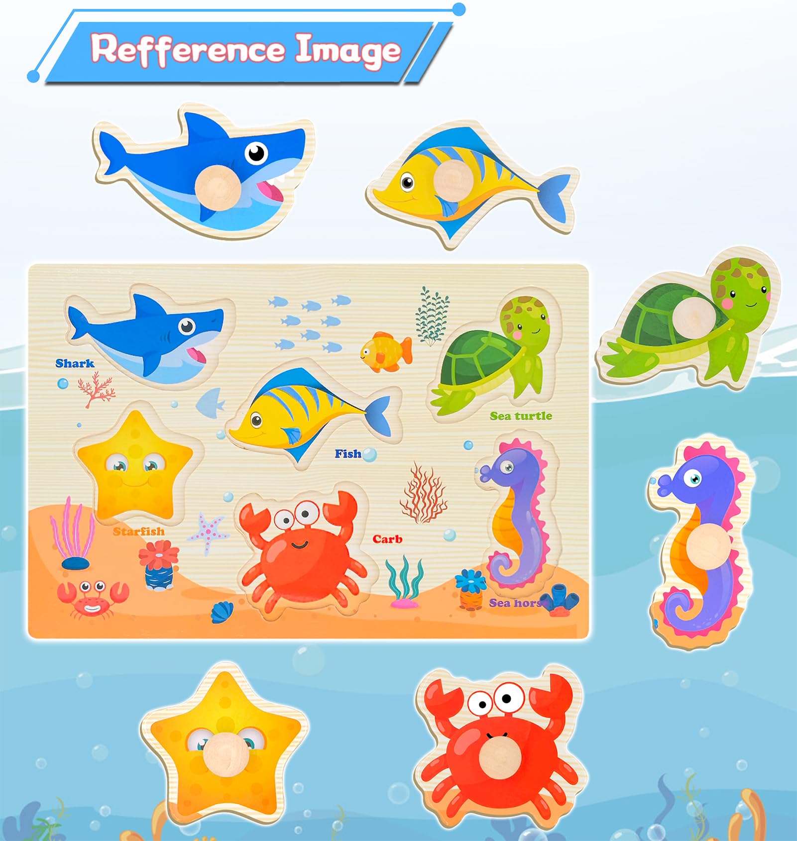Wooden Peg Puzzles for Toddlers 3-Pack: Shape, Farm & Sea Animals – Montessori Learning Toys by SIERLIKY