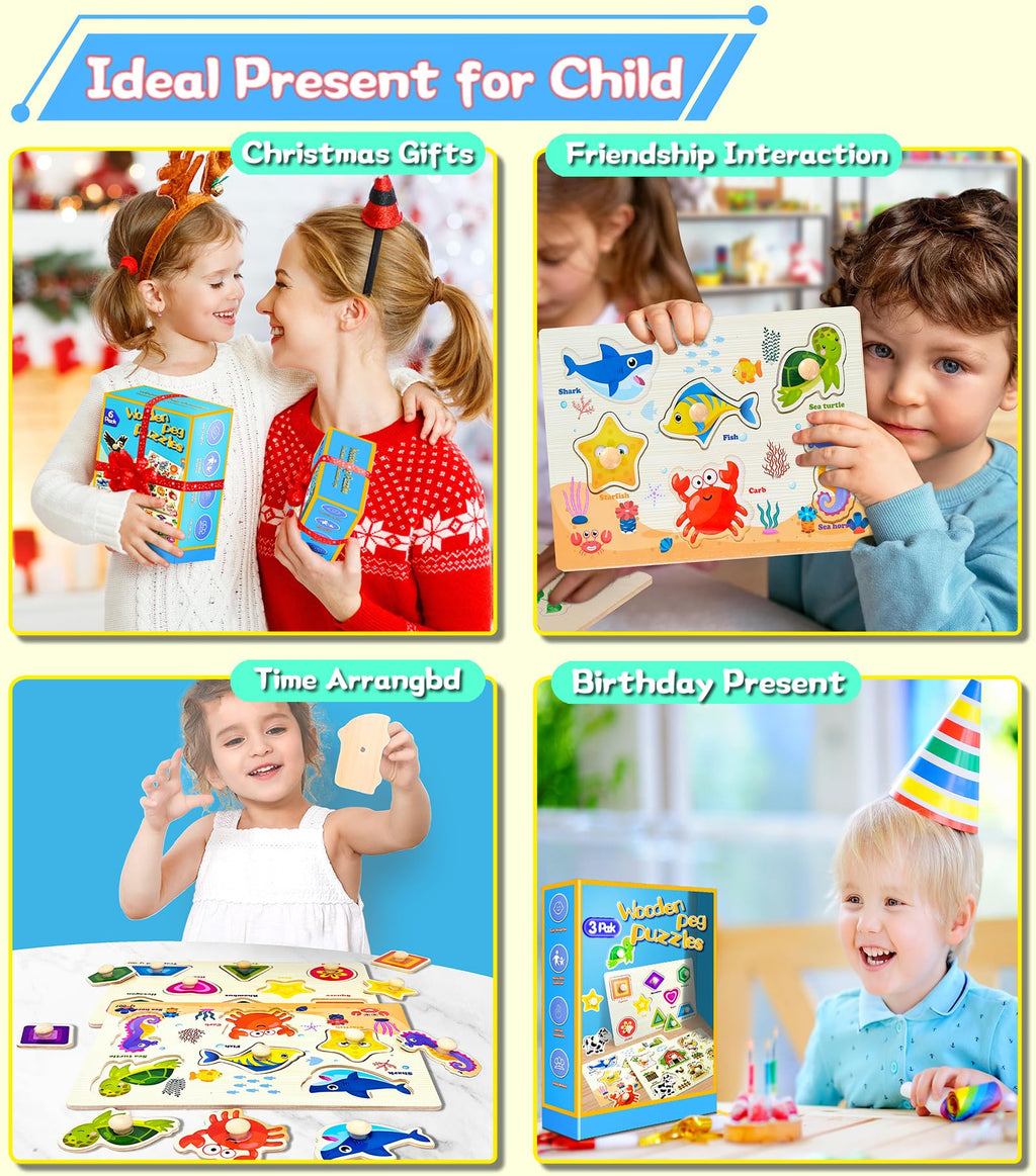 Wooden Peg Puzzles for Toddlers 3-Pack: Shape, Farm & Sea Animals – Montessori Learning Toys by SIERLIKY