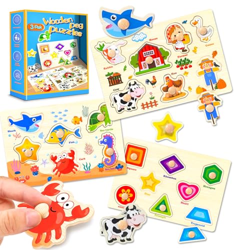 Wooden Peg Puzzles for Toddlers 3-Pack: Shape, Farm & Sea Animals – Montessori Learning Toys by SIERLIKY
