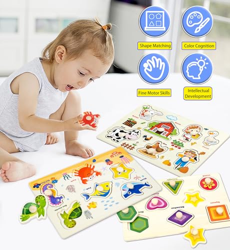 Wooden Peg Puzzles for Toddlers 3-Pack: Shape, Farm & Sea Animals – Montessori Learning Toys by SIERLIKY
