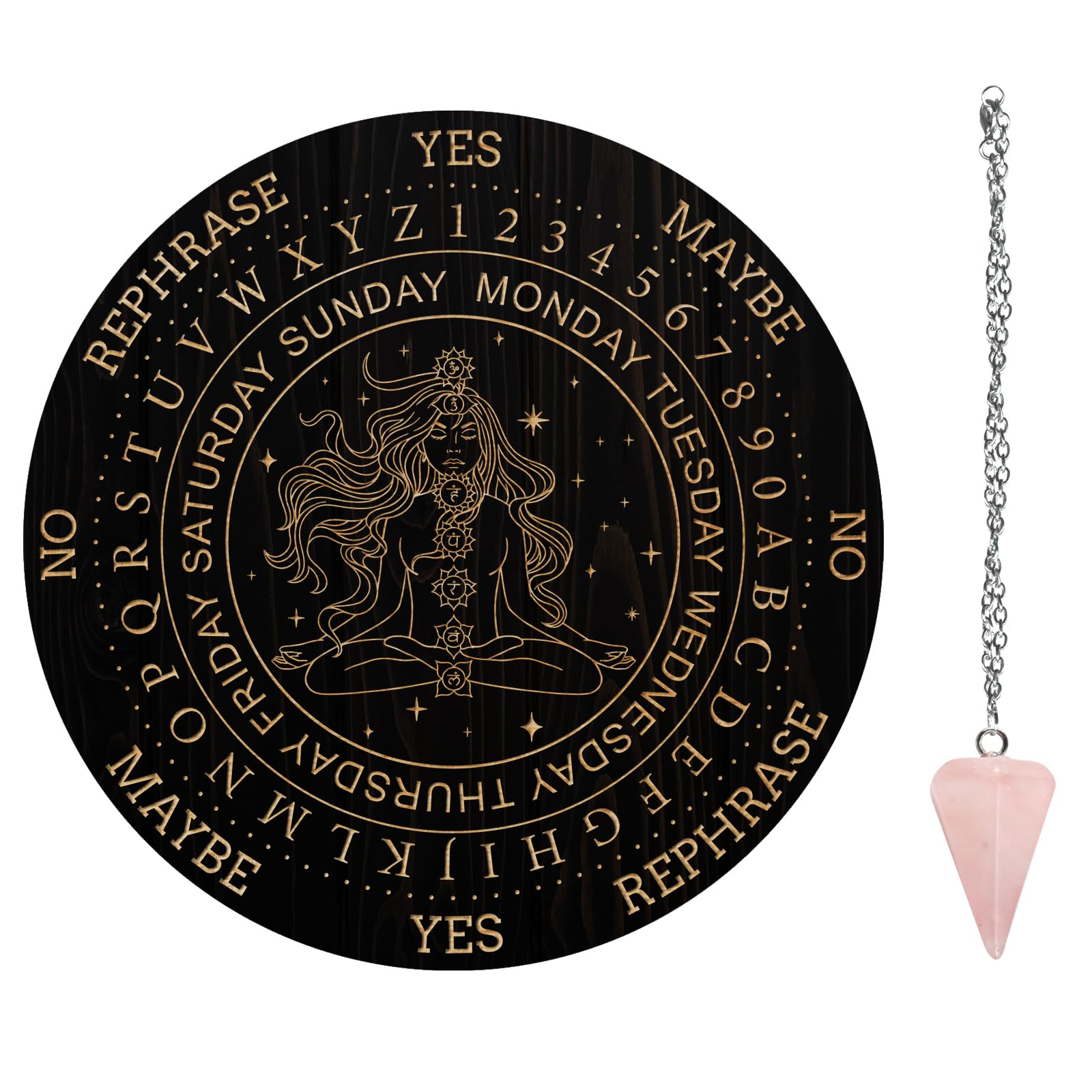 Wooden Pendulum Board Set with Rose Quartz Crystal Necklace for Divination and Altar Decor