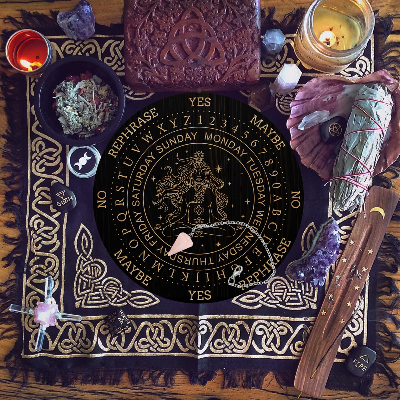 Wooden Pendulum Board Set with Rose Quartz Crystal Necklace for Divination and Altar Decor