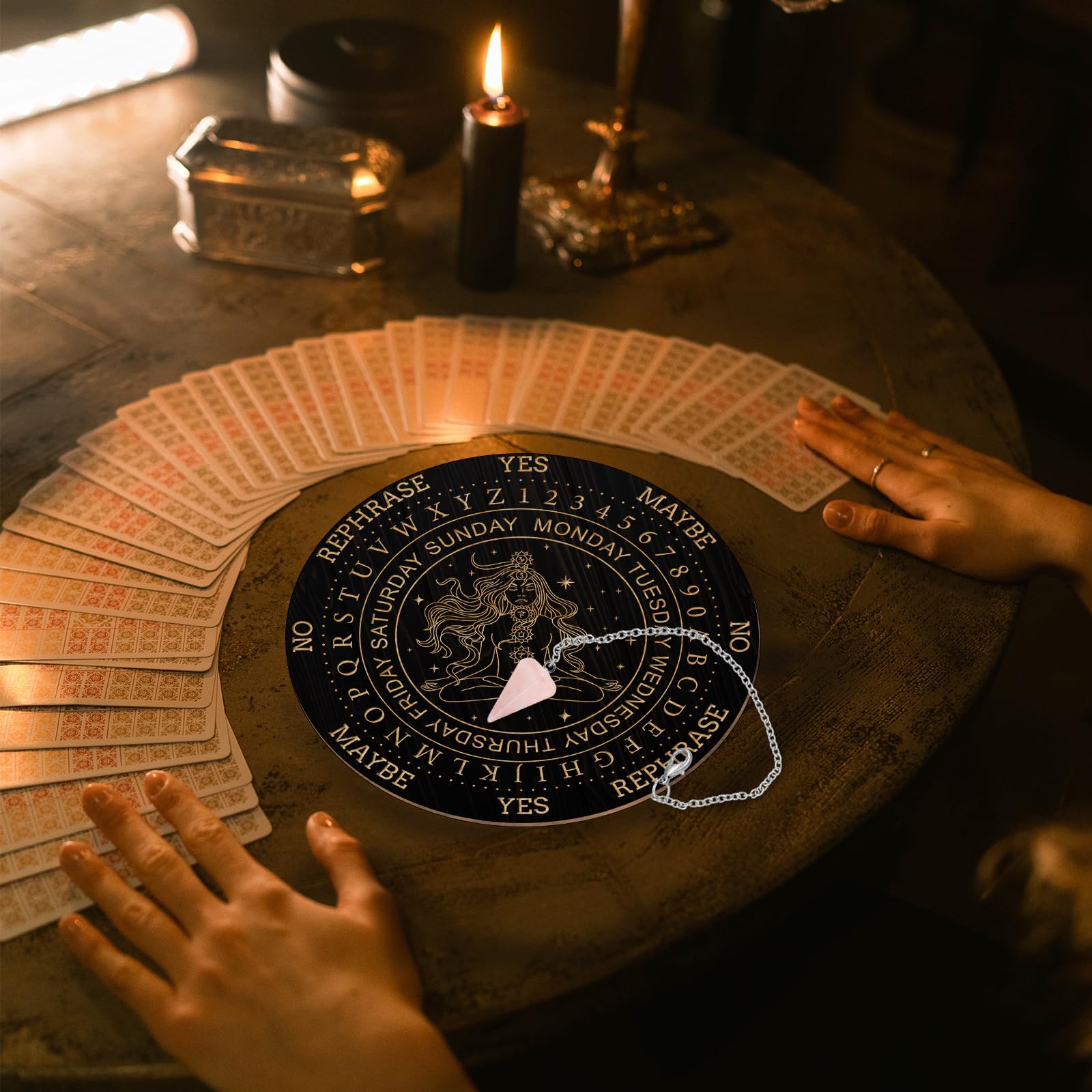 Wooden Pendulum Board Set with Rose Quartz Crystal Necklace for Divination and Altar Decor