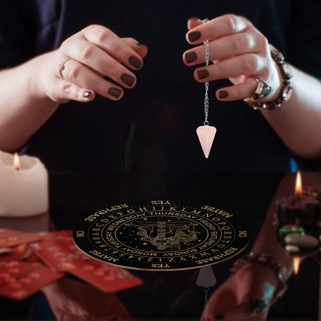 Wooden Pendulum Board Set with Rose Quartz Crystal Necklace for Divination and Altar Decor