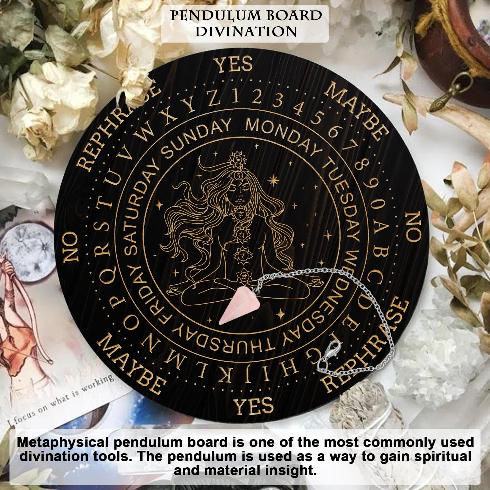 Wooden Pendulum Board Set with Rose Quartz Crystal Necklace for Divination and Altar Decor