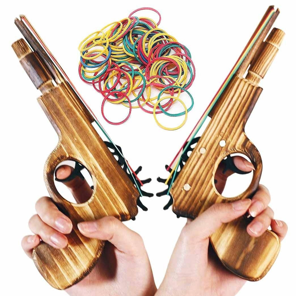 Wooden Rubber Band Gun Set – 2 Pack with 100 Bands, 9-Inch, Log Color Outdoor Toy