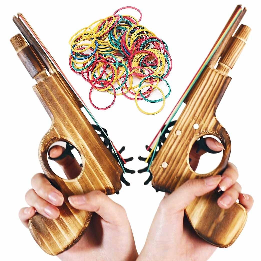 Wooden Rubber Band Gun Set – 2 Pack with 100 Bands, 9-Inch, Log Color Outdoor Toy