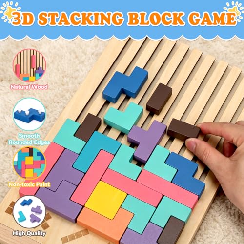 Wooden Stacking Puzzle Toy 42 Pcs - 3D Montessori Blocks for Kids 3+ | Brain Teaser Educational Gift