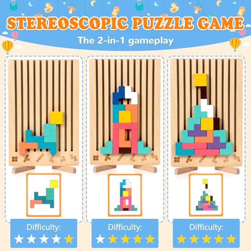 Wooden Stacking Puzzle Toy 42 Pcs - 3D Montessori Blocks for Kids 3+ | Brain Teaser Educational Gift