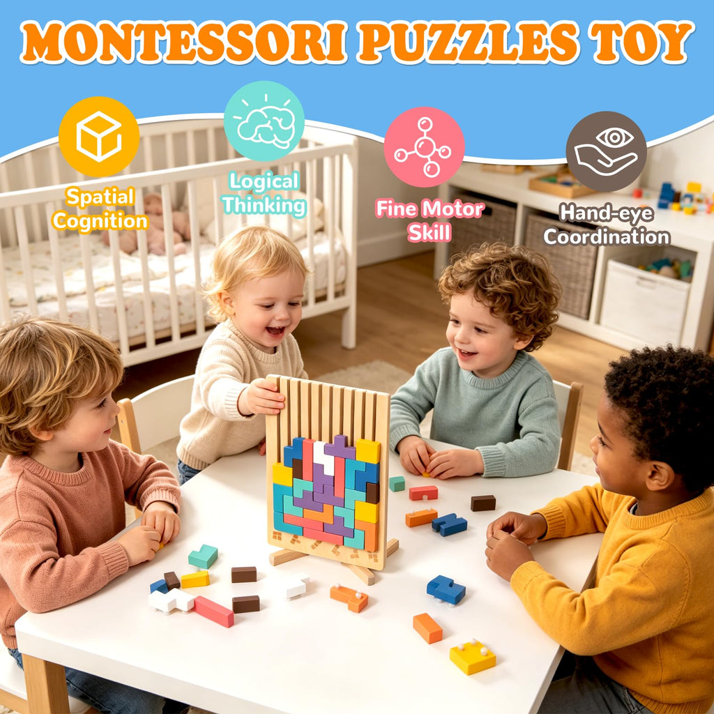 Wooden Stacking Puzzle Toy 42 Pcs - 3D Montessori Blocks for Kids 3+ | Brain Teaser Educational Gift