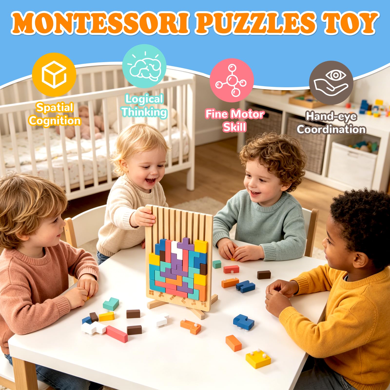 Wooden Stacking Puzzle Toy 42 Pcs - 3D Montessori Blocks for Kids 3+ | Brain Teaser Educational Gift