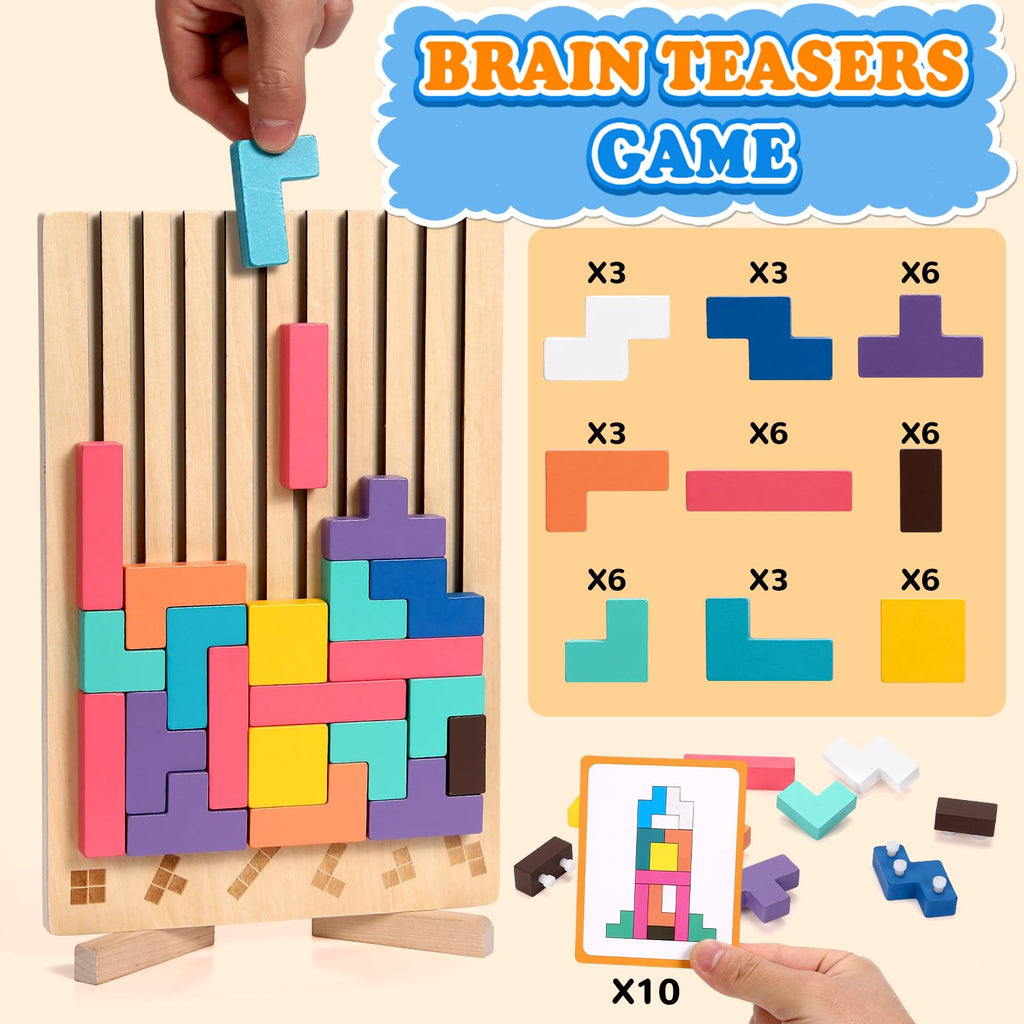 Wooden Stacking Puzzle Toy 42 Pcs - 3D Montessori Blocks for Kids 3+ | Brain Teaser Educational Gift