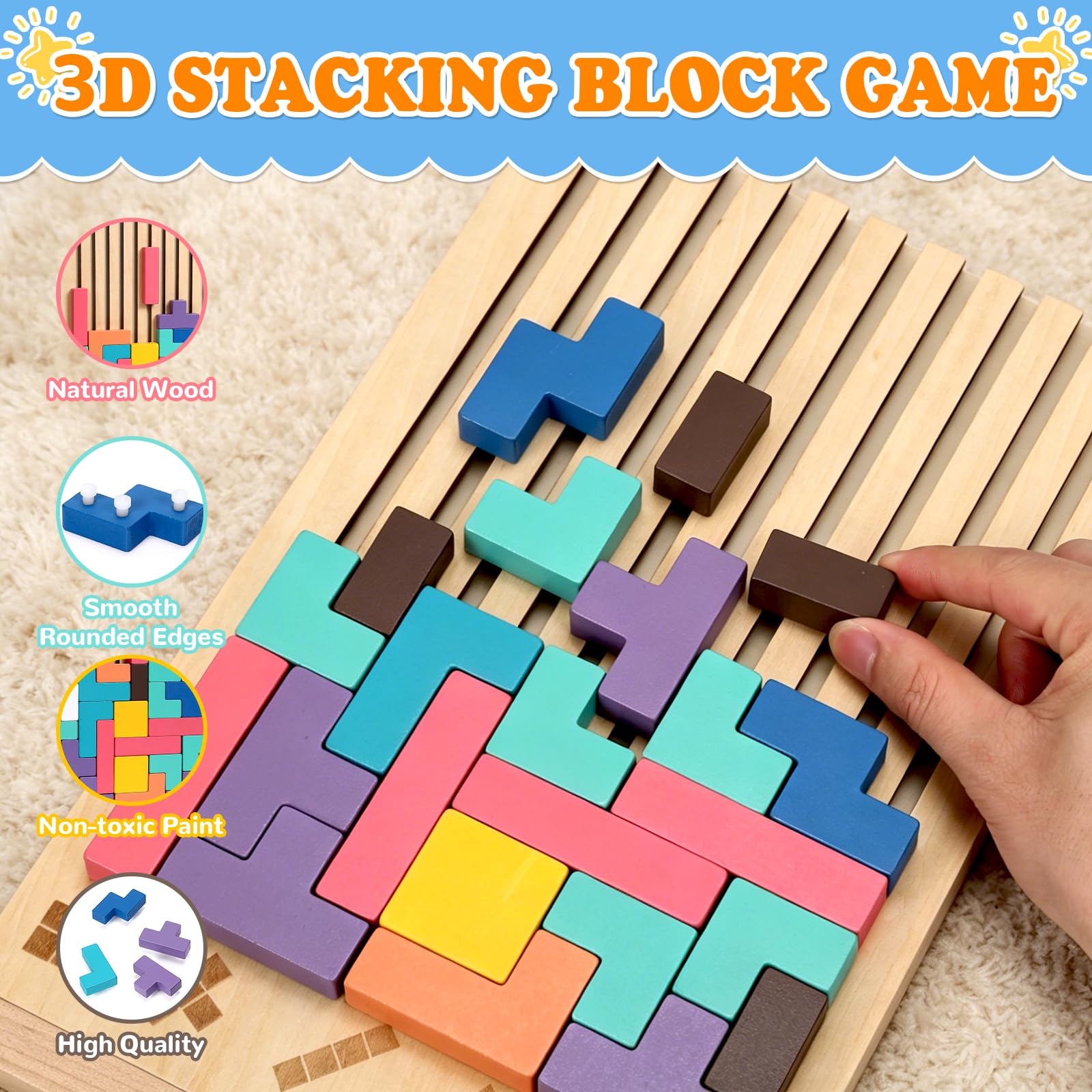 Wooden Stacking Puzzle Toy 42 Pcs - 3D Montessori Blocks for Kids 3+ | Brain Teaser Educational Gift