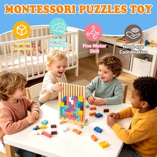 Wooden Stacking Puzzle Toy 42 Pcs - 3D Montessori Blocks for Kids 3+ | Brain Teaser Educational Gift