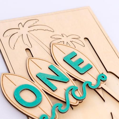 Wooden Surfboard ONE Cake Topper – Beach Theme First Birthday Decoration with Palm Tree