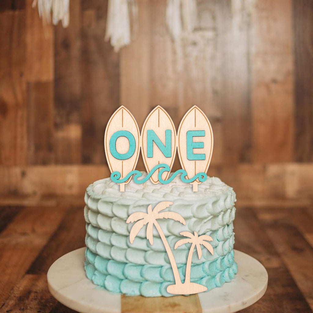 Wooden Surfboard ONE Cake Topper – Beach Theme First Birthday Decoration with Palm Tree