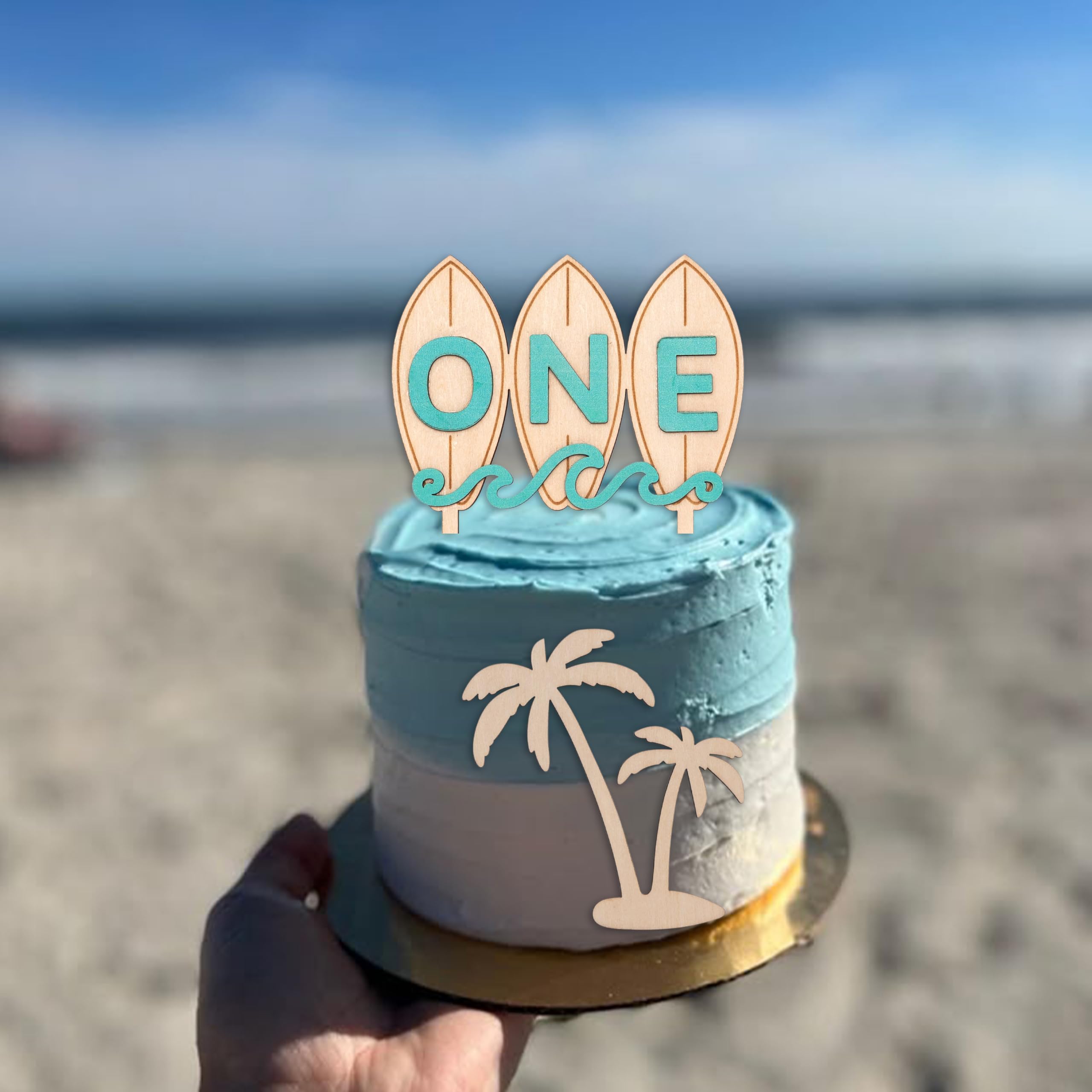 Wooden Surfboard ONE Cake Topper – Beach Theme First Birthday Decoration with Palm Tree