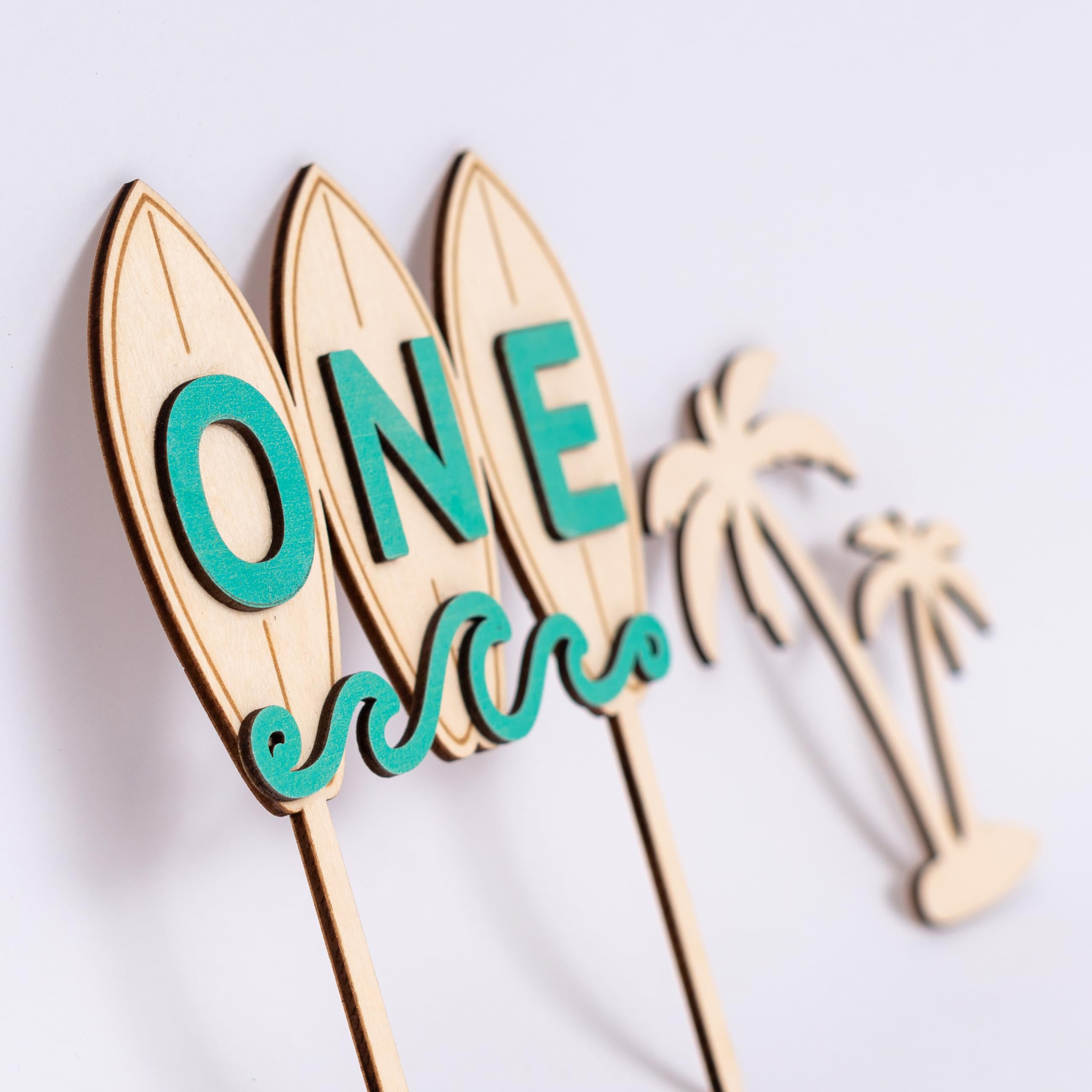 Wooden Surfboard ONE Cake Topper – Beach Theme First Birthday Decoration with Palm Tree
