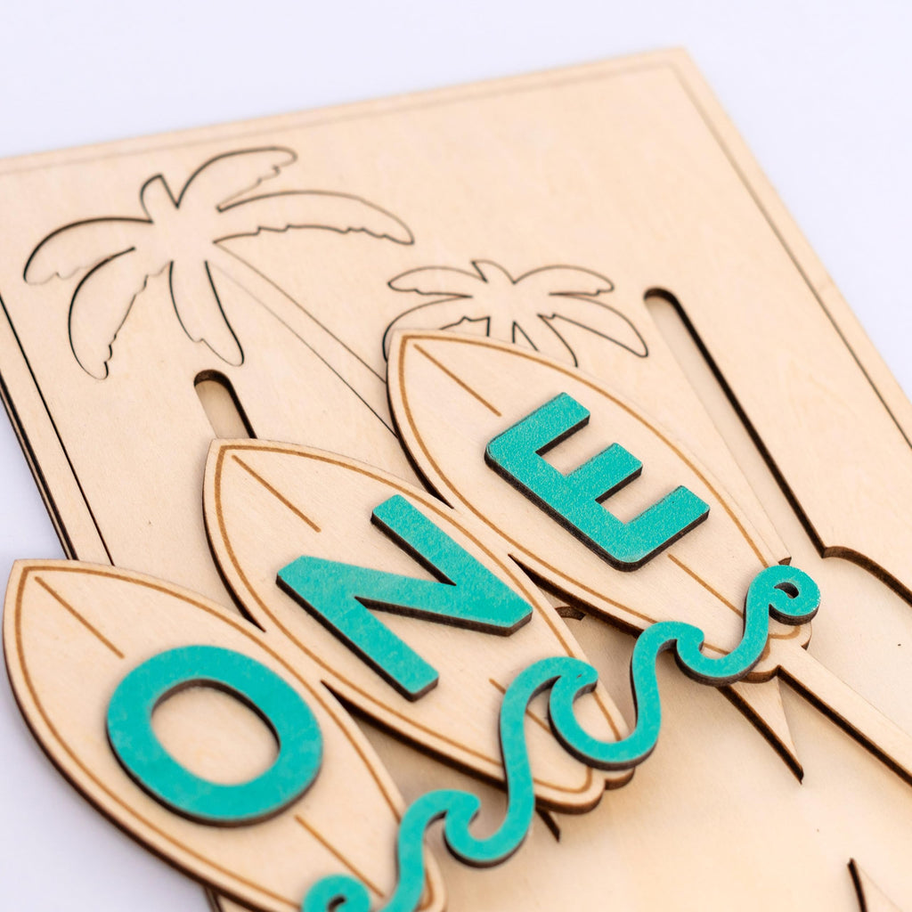 Wooden Surfboard ONE Cake Topper – Beach Theme First Birthday Decoration with Palm Tree