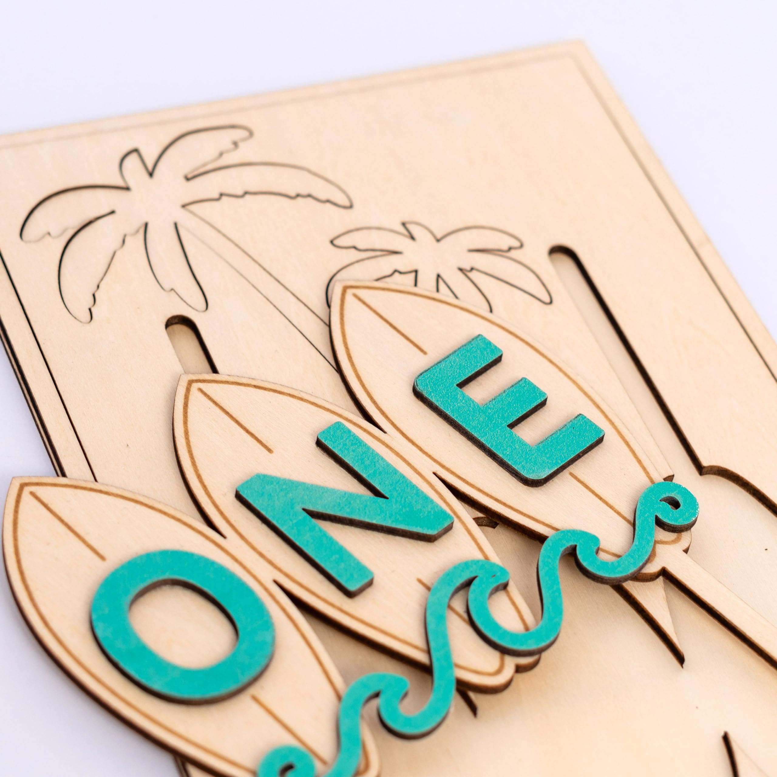 Wooden Surfboard ONE Cake Topper – Beach Theme First Birthday Decoration with Palm Tree