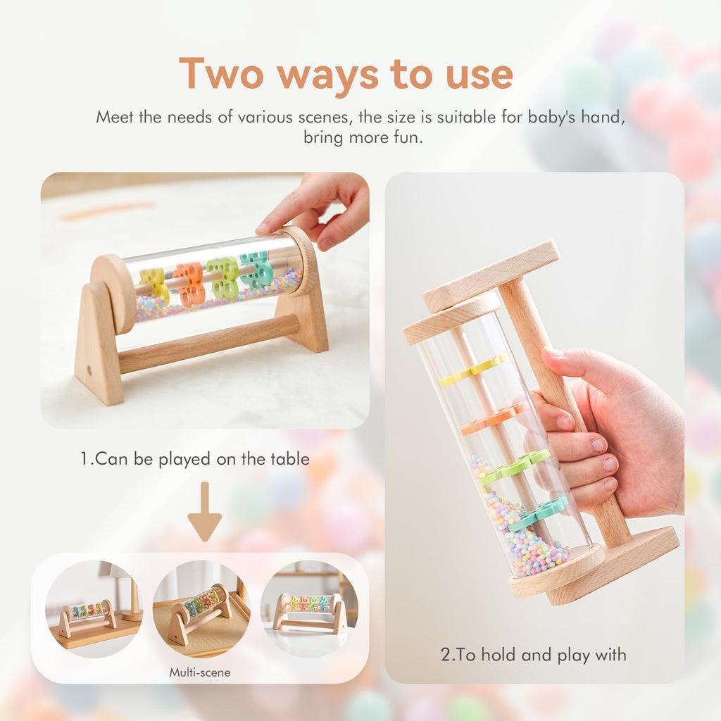 WOODEN TEETHER Wooden Rain Stick with Handle and Stand – Calming Sensory Toddler Toy for Ages 12+ Months