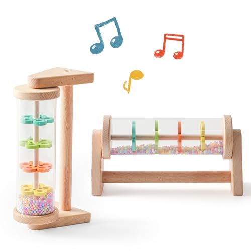 WOODEN TEETHER Wooden Rain Stick with Handle and Stand – Calming Sensory Toddler Toy for Ages 12+ Months