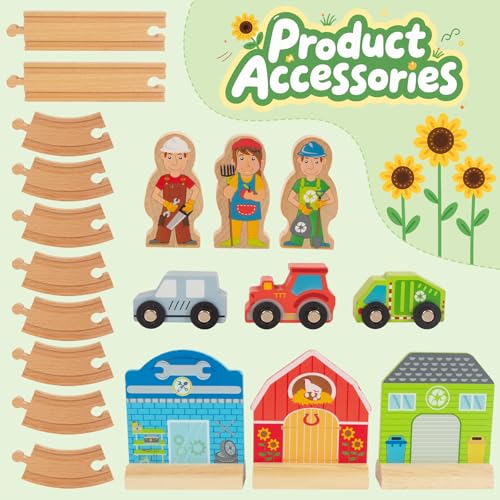 WOODENFUN Farm-Themed Wooden Train Set – Compatible with Thomas, Brio & More – Expandable Track Toy for Ages 3-5