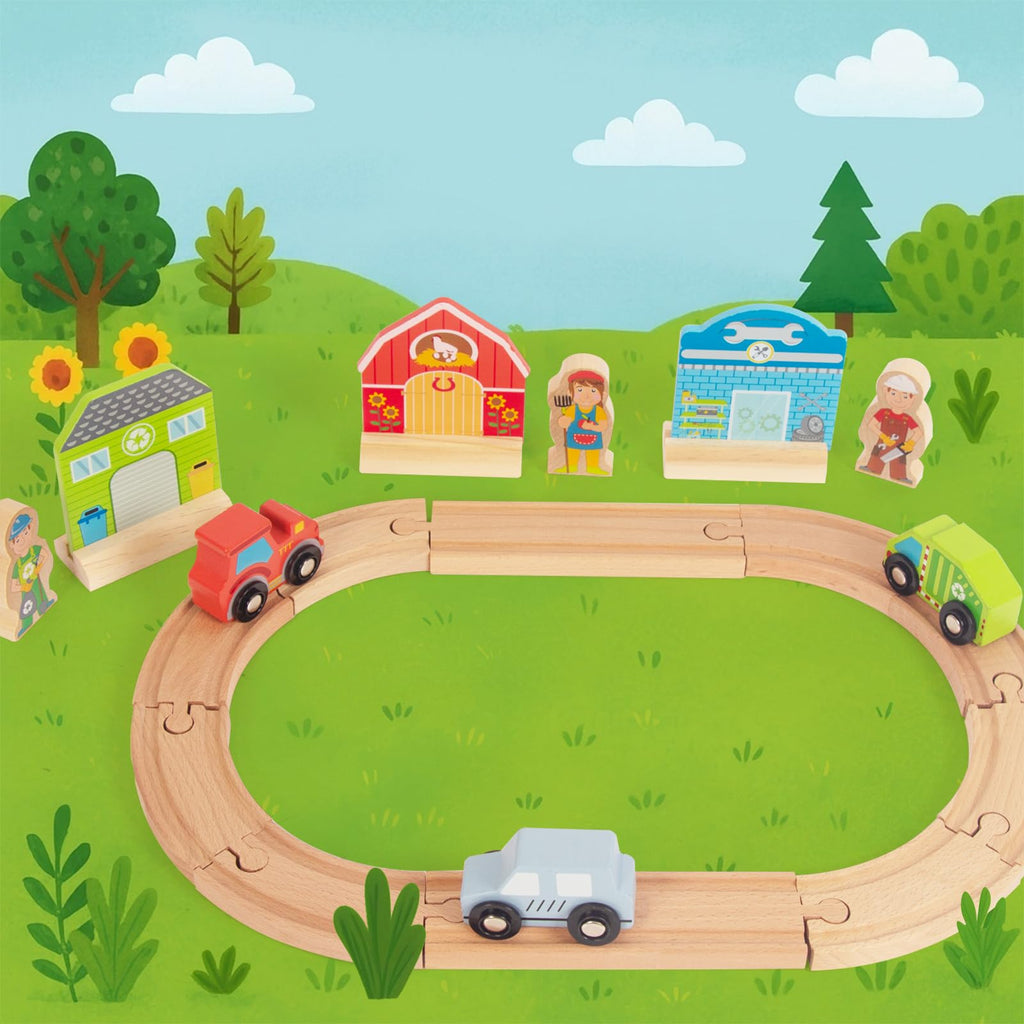 WOODENFUN Farm-Themed Wooden Train Set – Compatible with Thomas, Brio & More – Expandable Track Toy for Ages 3-5