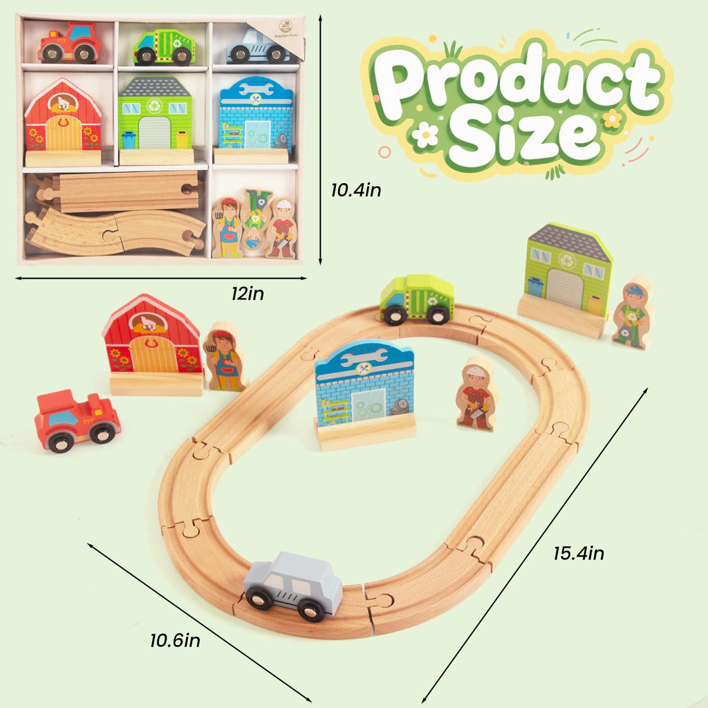 WOODENFUN Farm-Themed Wooden Train Set – Compatible with Thomas, Brio & More – Expandable Track Toy for Ages 3-5