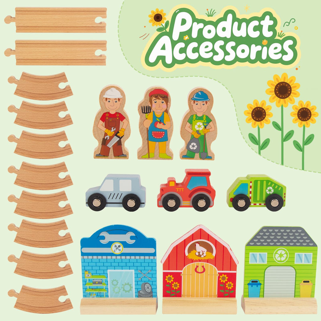 WOODENFUN Farm-Themed Wooden Train Set – Compatible with Thomas, Brio & More – Expandable Track Toy for Ages 3-5