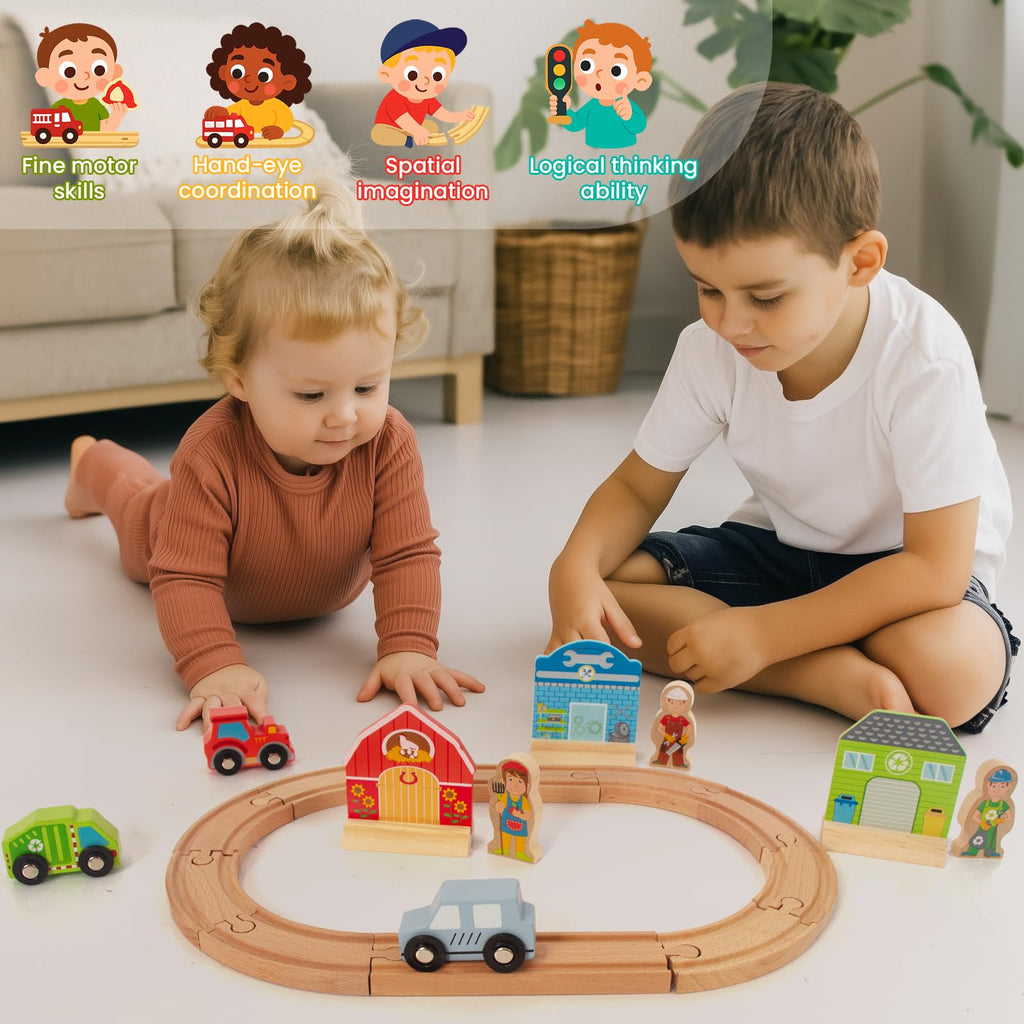 WOODENFUN Farm-Themed Wooden Train Set – Compatible with Thomas, Brio & More – Expandable Track Toy for Ages 3-5