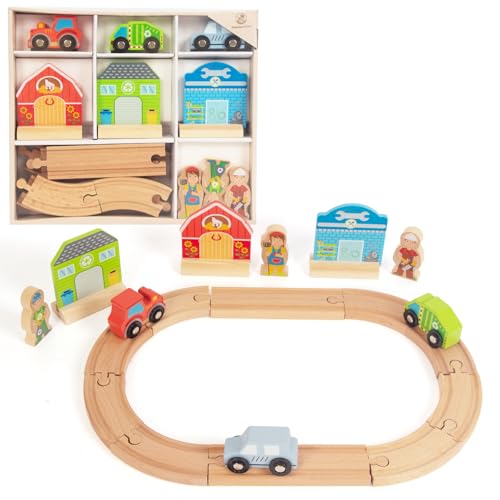 WOODENFUN Farm-Themed Wooden Train Set – Compatible with Thomas, Brio & More – Expandable Track Toy for Ages 3-5