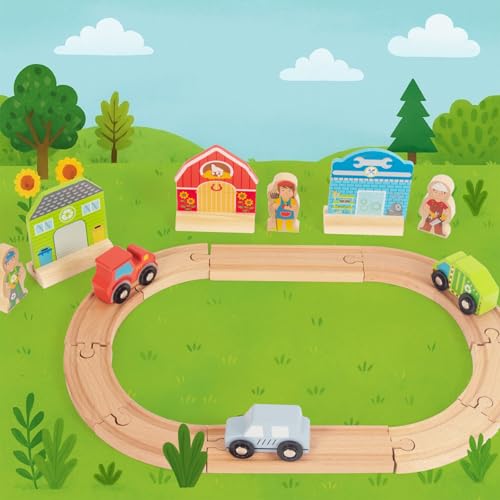 WOODENFUN Farm-Themed Wooden Train Set – Compatible with Thomas, Brio & More – Expandable Track Toy for Ages 3-5