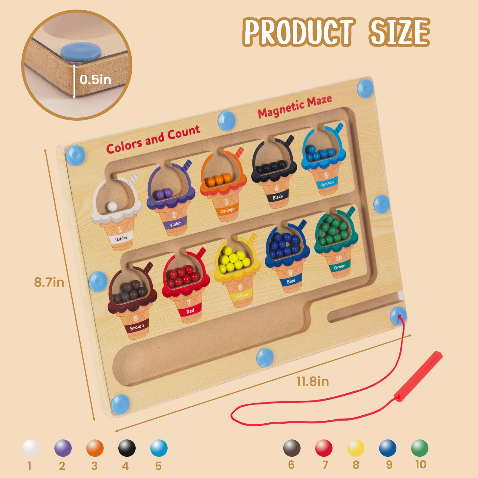 WOODENFUN Magnetic Color & Number Maze – Montessori Wooden Counting Toy for Toddlers 3-5