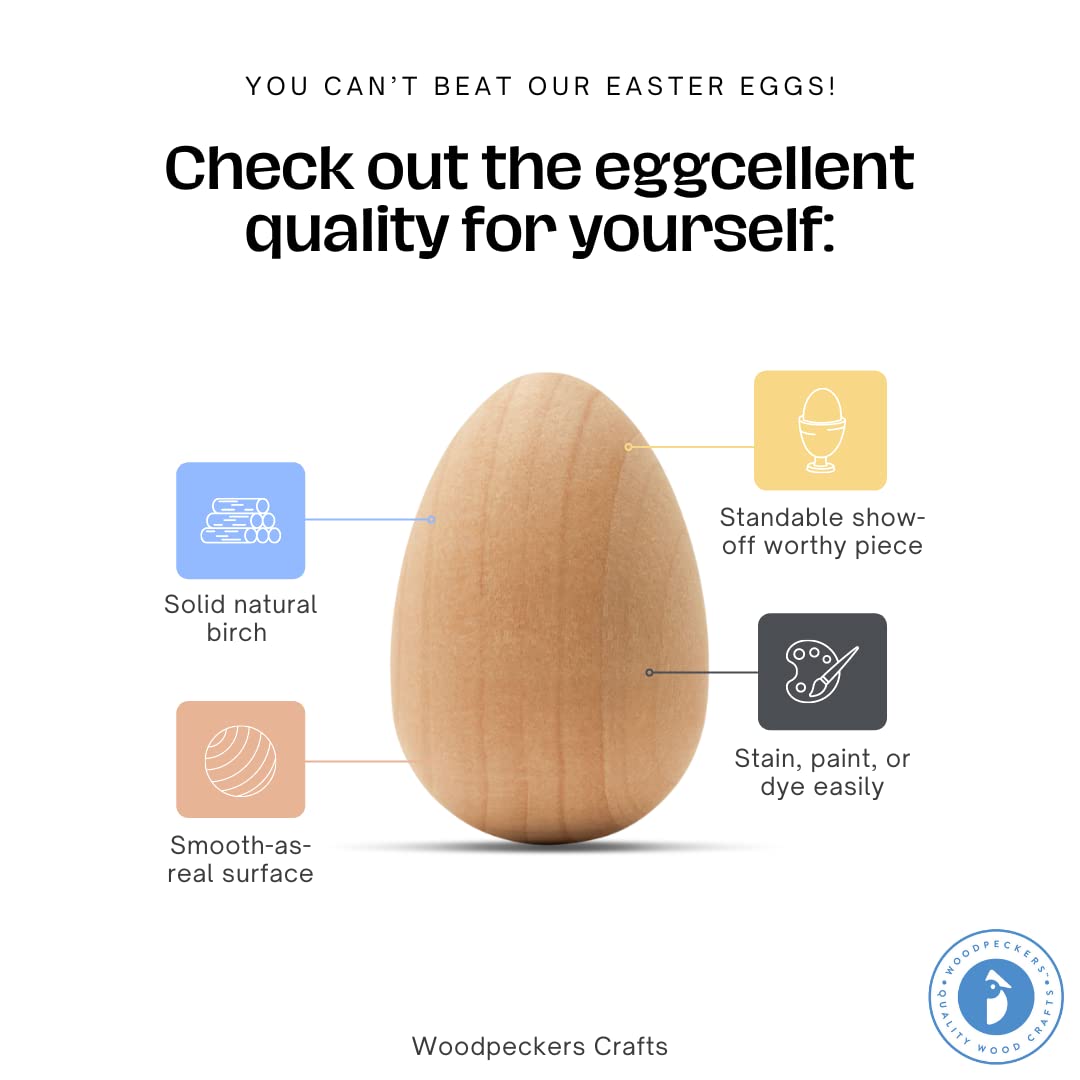 Woodpeckers Wooden Eggs for Painting - Pack of 2 Smooth Standable 4-3/8 Inch Craft Eggs