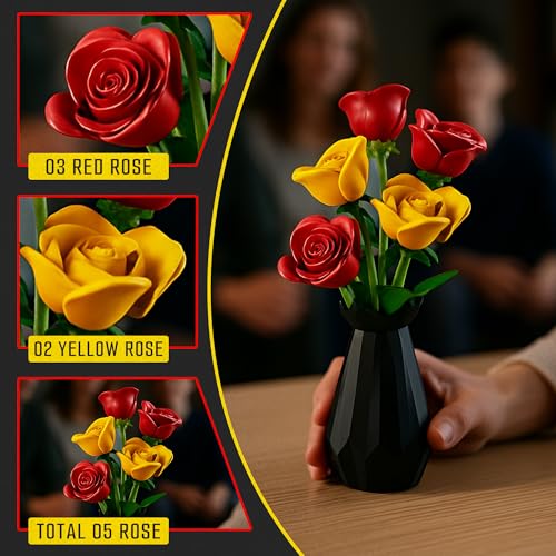 Woolbye Flower Building Set – Lego-Compatible Roses Bouquet with Vase, Everlasting Home & Office Décor, DIY Craft Gift for Adults